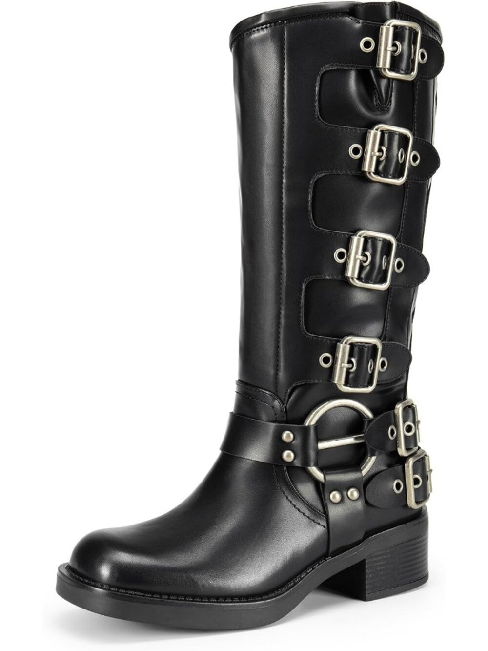 Women's Black Faux Leather Adjustable Buckles Low Chunky Heel Knee High Boots - Picture 1 of 6